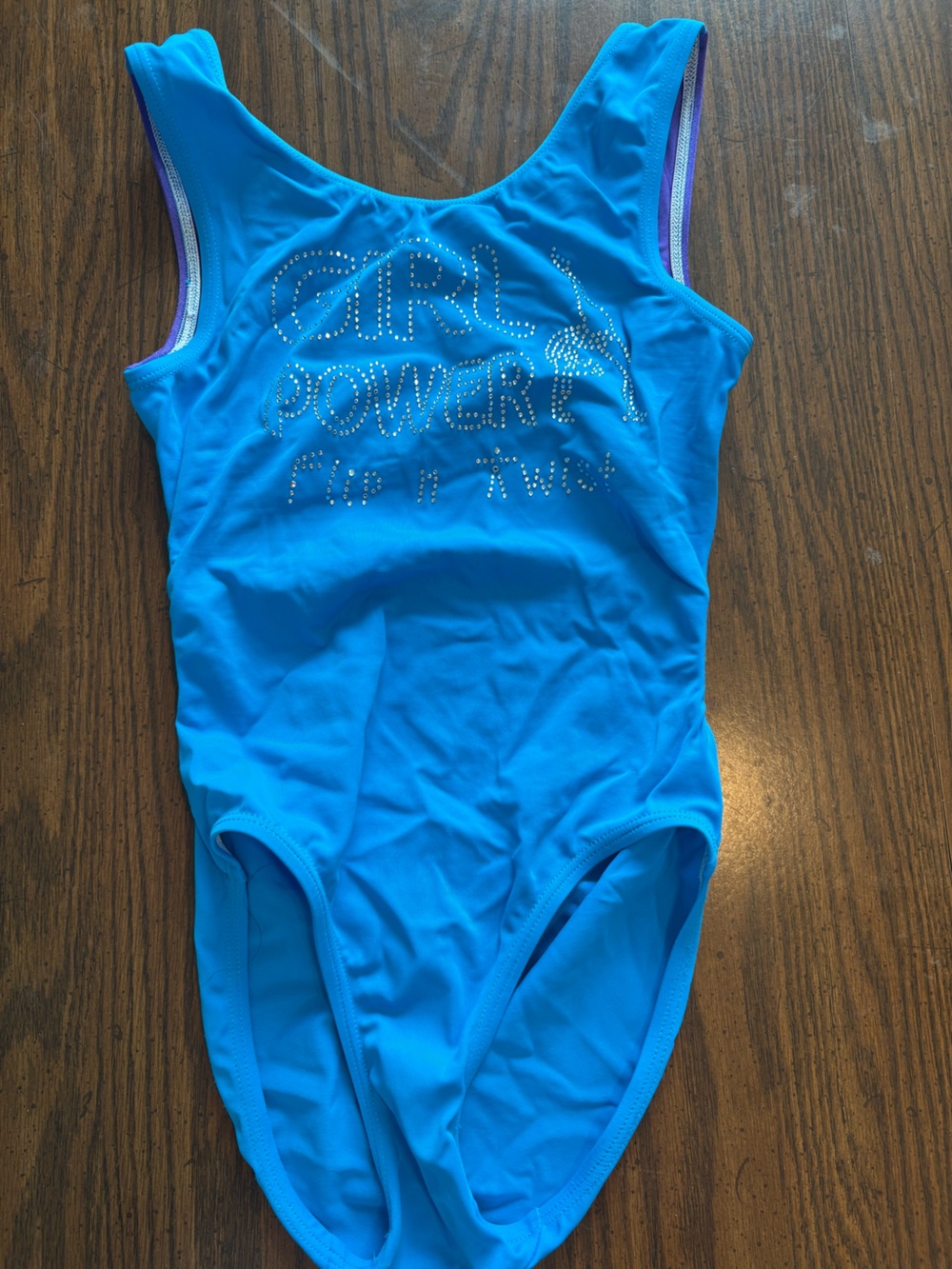 Girls' Blue Gymnastics Leotard with Rhinestone 'Girl Power'
